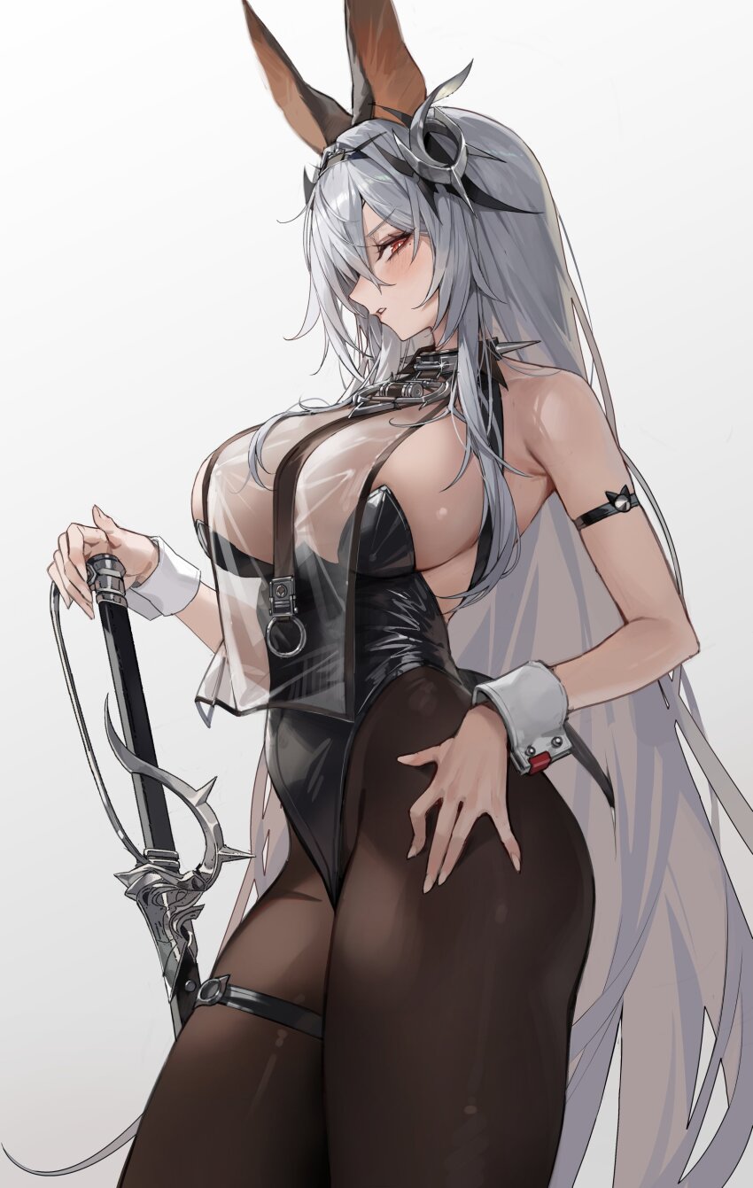 1girl, absurdres, animal_ears, azur_lane, bare_shoulders, blush, single_breast_curtain, breasts