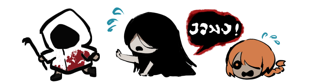 1girl, 2boys, adashino_adami, black_hair, black_kimono, blood, blood_on_clothes, braid, chibi, commentary_request, crowbar, flying_sweatdrops, holding, holding_crowbar, homicipher, homicipher_text, hood, hood_up, japanese_clothes, kimono, long_hair, mr._chopped, mr._crawling, multiple_boys, official_style, orange_hair, platina_(pla_vtuber), raincoat, running, simple_background, white_background, white_raincoat