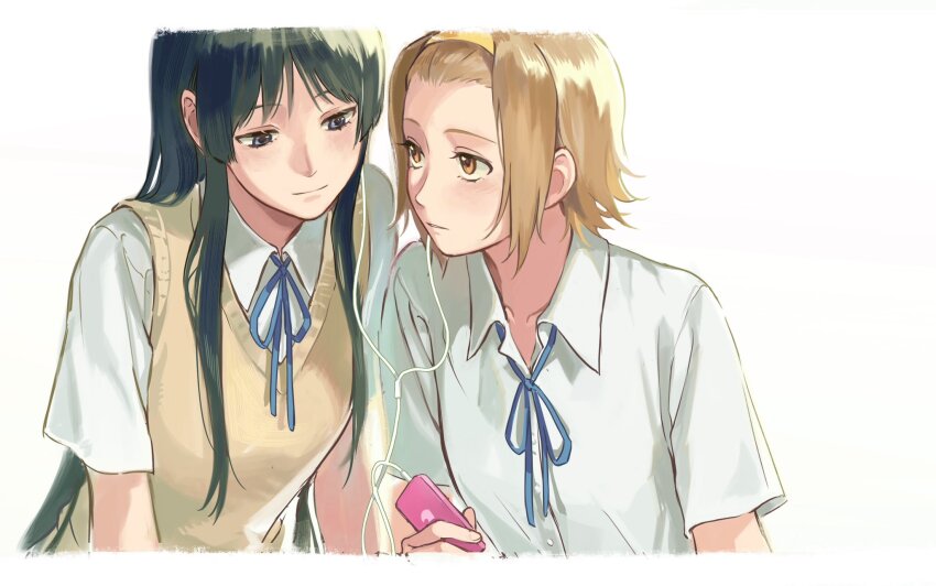 2girls, akiyama_mio, black_eyes, black_hair, blue_ribbon, brown_eyes, brown_hair, closed_mouth