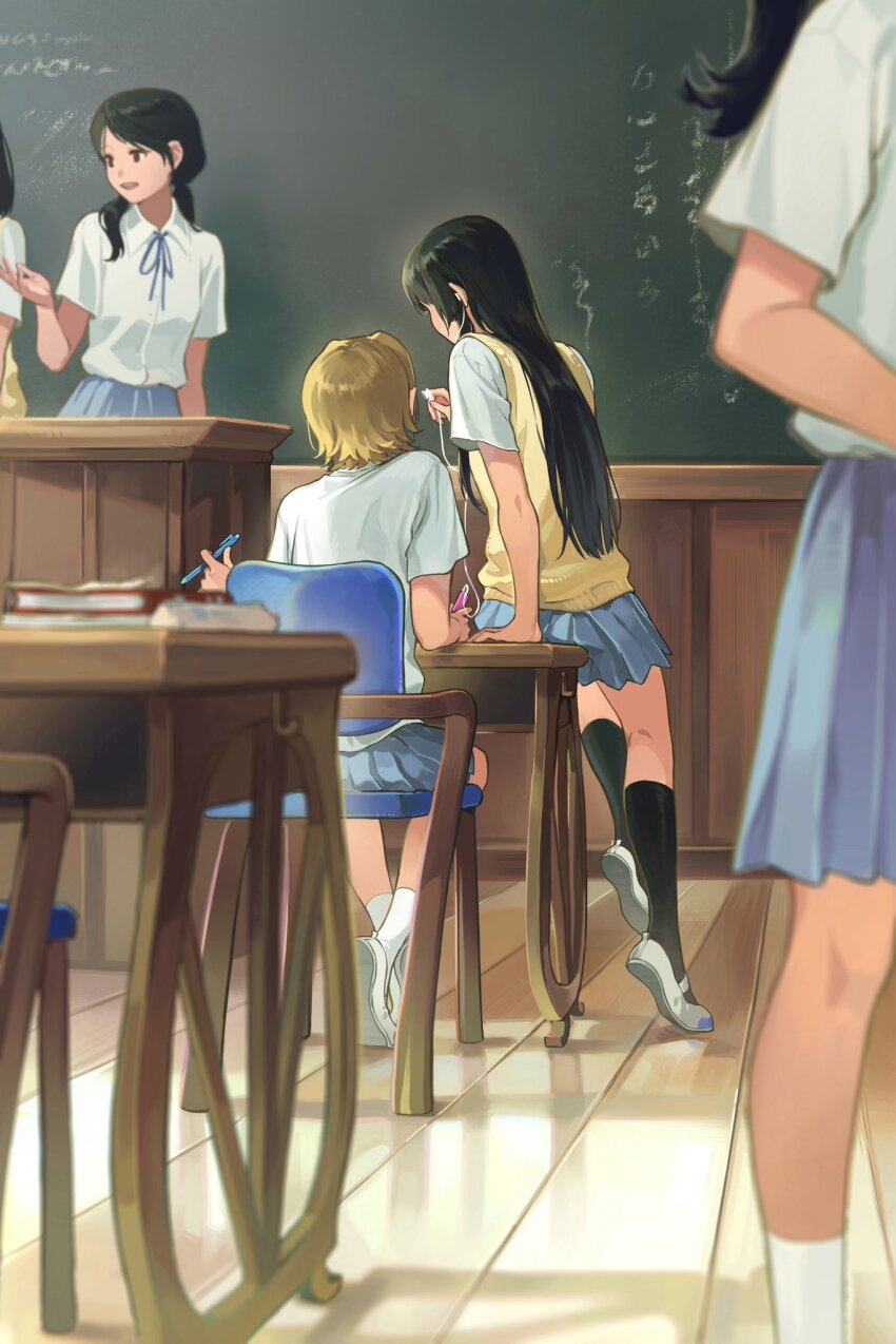5girls, akiyama_mio, black_hair, black_socks, blue_ribbon, blue_skirt, brown_hair, chair