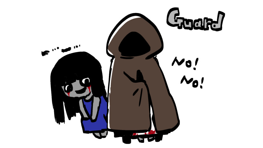 1boy, 1girl, adashino_adami, axe, blood, blood_on_clothes, brown_cloak, chibi