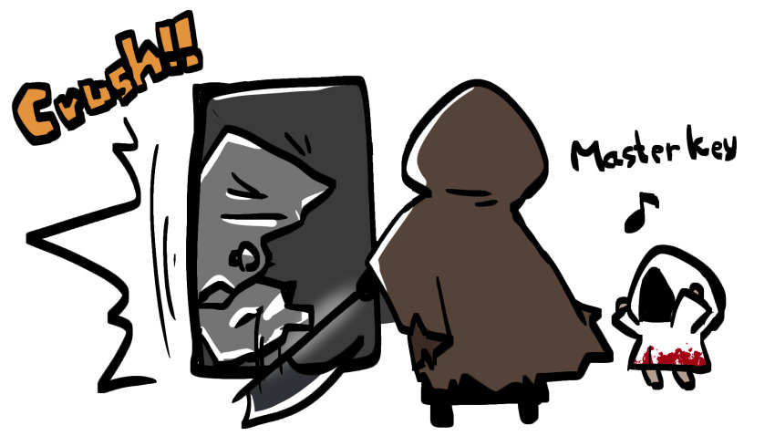 1boy, 1girl, adashino_adami, axe, blood, blood_on_clothes, breaking, broken_door