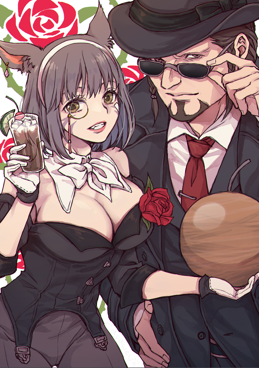 1boy, 1girl, animal_ears, beard, black_hat, black_jacket, black_suit, bomb