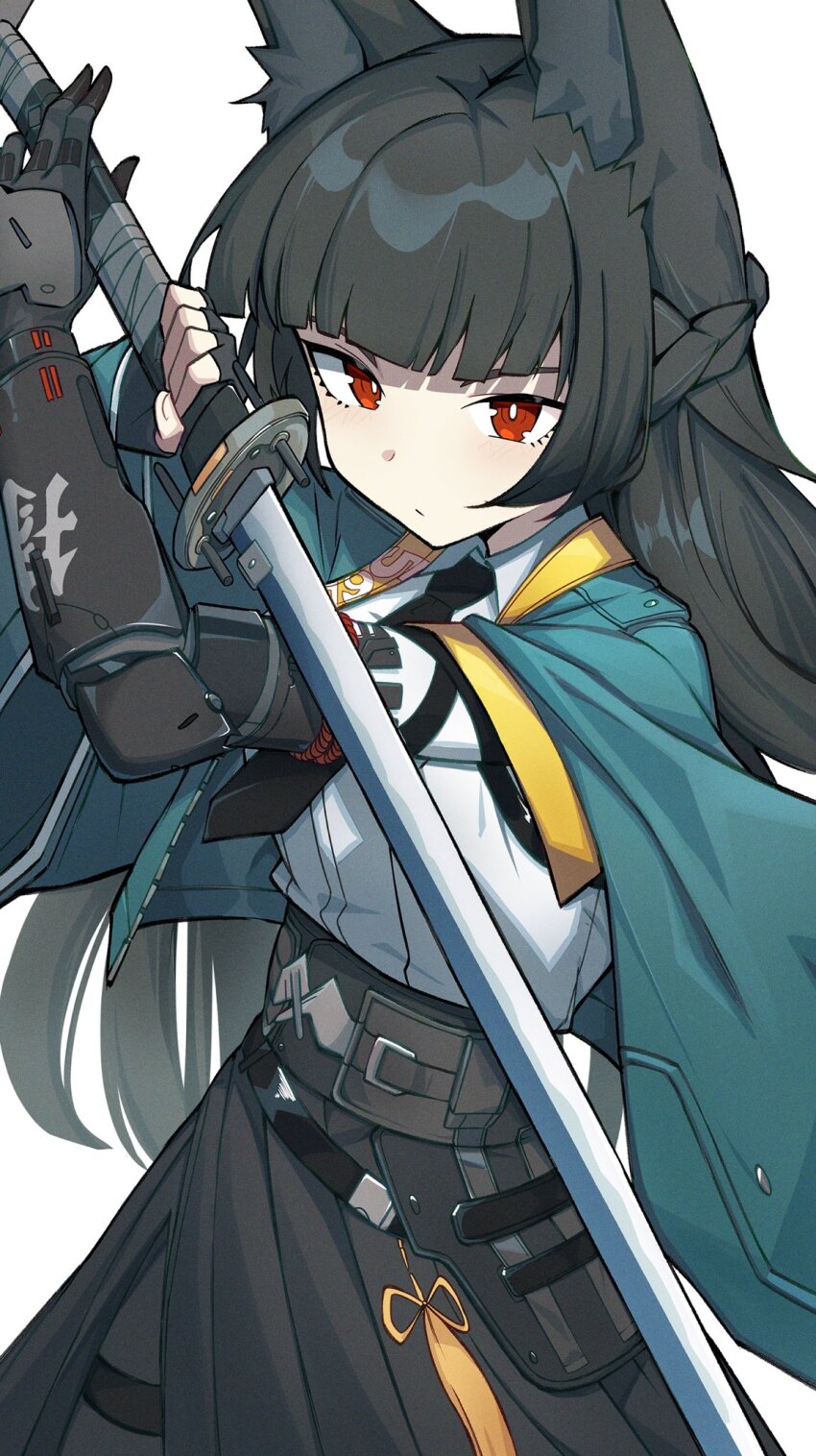 1girl, animal_ear_fluff, animal_ears, black_gloves, black_hair, black_necktie, black_skirt, blunt_bangs