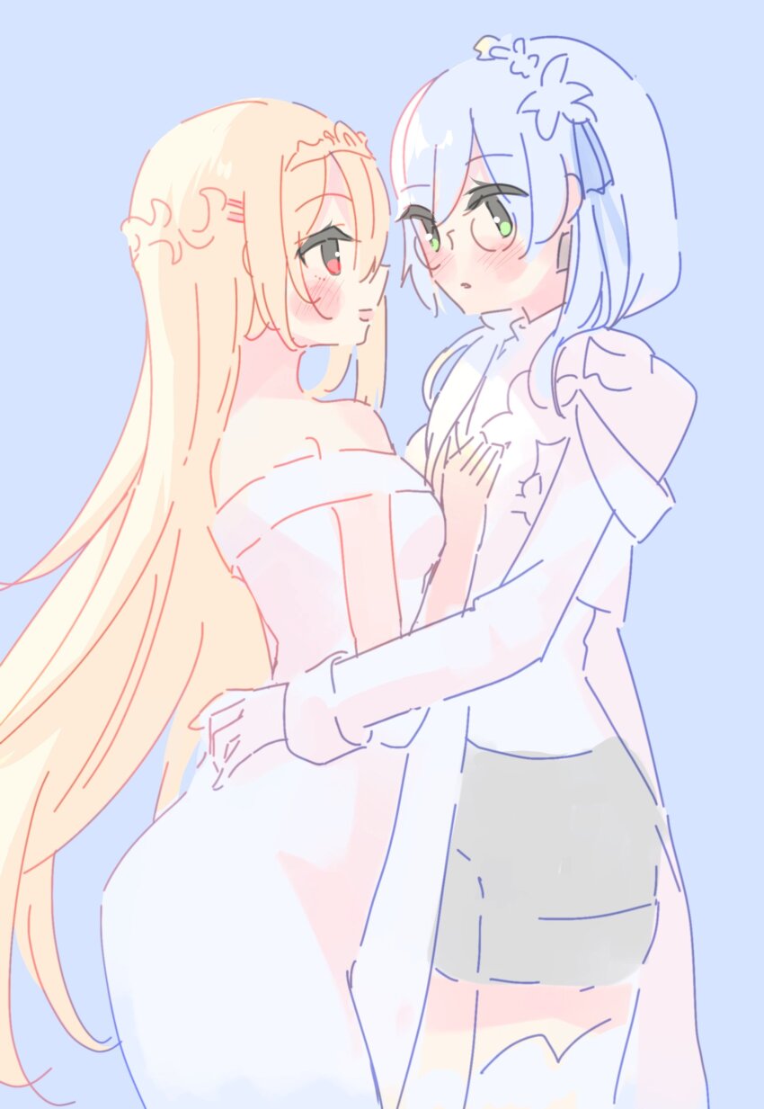 10_(sei), 2girls, absurdres, blonde_hair, glasses, green_eyes, grey_hair, hair_ornament, hair_over_one_eye, hair_over_shoulder, hairclip, heaven_burns_red, highres, izumi_yuki, jacket, kayamori_ruka, long_hair, long_sleeves, low-tied_long_hair, multiple_girls, official_alternate_hairstyle, red_eyes, round_eyewear, yuri