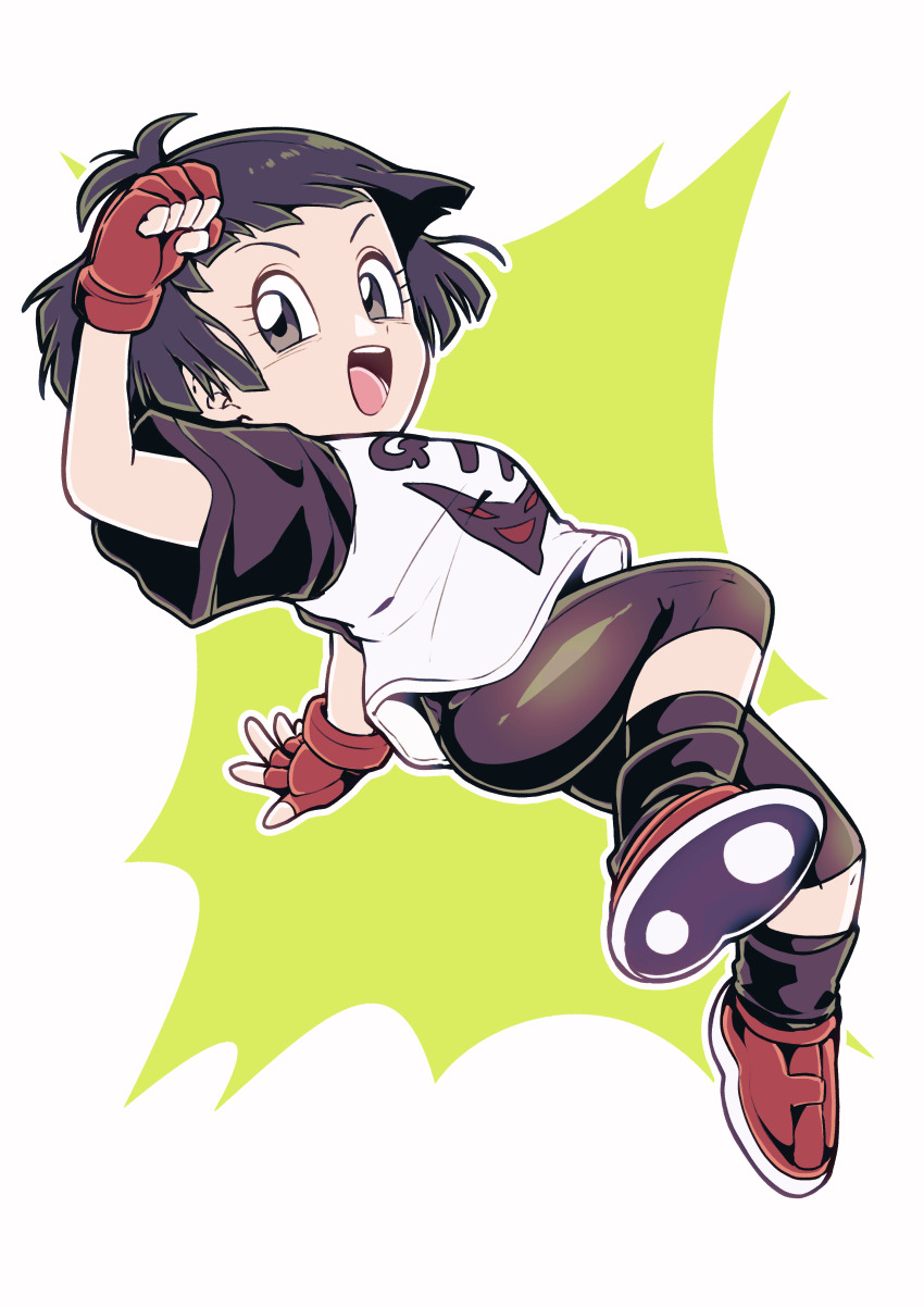 1girl, :d, absurdres, black_eyes, black_hair, black_leggings, black_socks, blunt_bangs, blunt_ends, child, commentary, dragon_ball, dragon_ball_super, dragon_ball_super_super_hero, fingerless_gloves, floating_clothes, floating_hair, gloves, highres, leggings, looking_to_the_side, open_mouth, otyumamii, pan_(dragon_ball), red_footwear, red_gloves, shirt, short_hair, simple_background, smile, socks, solo, t-shirt