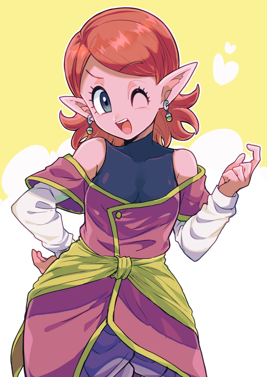 1girl, ;d, absurdres, arm_warmers, beckoning, black_eyes, breasts, chronoa, colored_skin, commentary, cowboy_shot, detached_sleeves, dragon_ball, dragon_ball_xenoverse, earrings, hand_on_own_hip, heart, highres, jewelry, kaioushin, looking_to_the_side, medium_hair, off_shoulder, one_eye_closed, open_mouth, otyumamii, pants, pink_hair, pink_skin, pointy_ears, potara_earrings, purple_pants, side_part, simple_background, sleeveless, sleeveless_turtleneck, small_breasts, smile, solo, sphere_earrings, turtleneck, white_arm_warmers