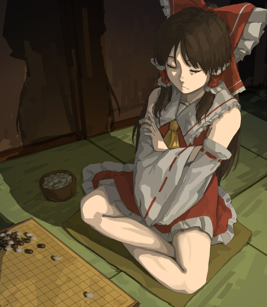 1010kman, 1girl, board_game, bow, brown_hair, closed_eyes, closed_mouth, crossed_arms