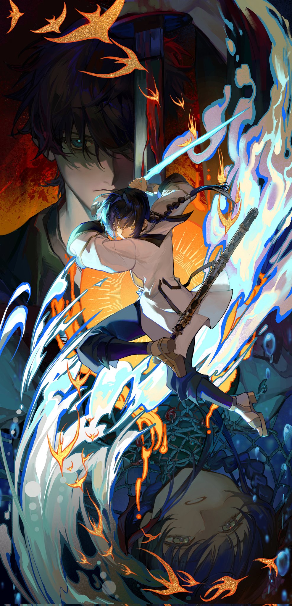 1boy, 1girl, 1other, ahoge, aizendai, androgynous, black_hair, blood