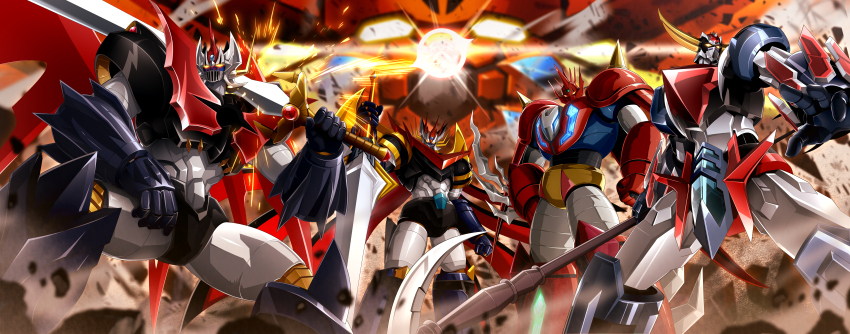 absurdres, arm_slave_(mecha), armor, axe, cape, clenched_hands, energy, facing_viewer, fiery_wings, gattai, getter_emperor, getter_rays, getter_robo, getter_robo_arc, getter_robo_daikessen!, ginga_no_kou, glowing, glowing_eyes, green_light, grendizer, grendizer_(grendizer_u), grendizer_u, highres, holding, holding_sword, holding_weapon, horns, huge_horns, looking_at_viewer, mazinemperor_g, mazinger_(series), mazinkaiser, mazinkaiser_(robot), mecha, mecha_focus, mechanical_wings, multicolored_armor, no_humans, open_hand, red_armor, robot, science_fiction, shin_getter_dragon, shin_getter_robo, spear_of_cassius, super_robot, super_robot_wars, super_robot_wars_v, super_robot_wars_x, sword, ufo_robo_grendizer, weapon, white_armor, wings, yellow_armor, yellow_eyes