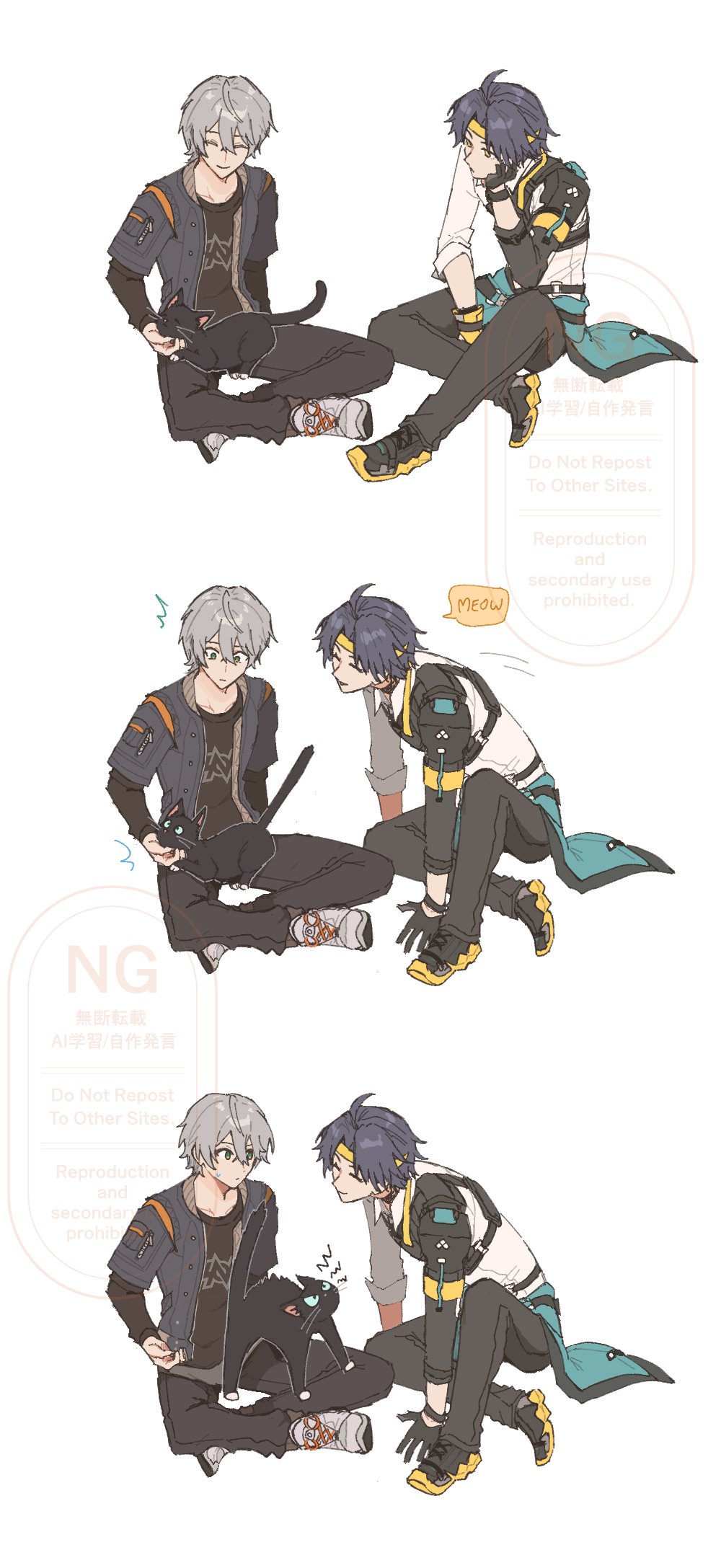 2boys, ^^^, ^_^, ahoge, animal, animal_on_lap, aqua_jacket, asaba_harumasa