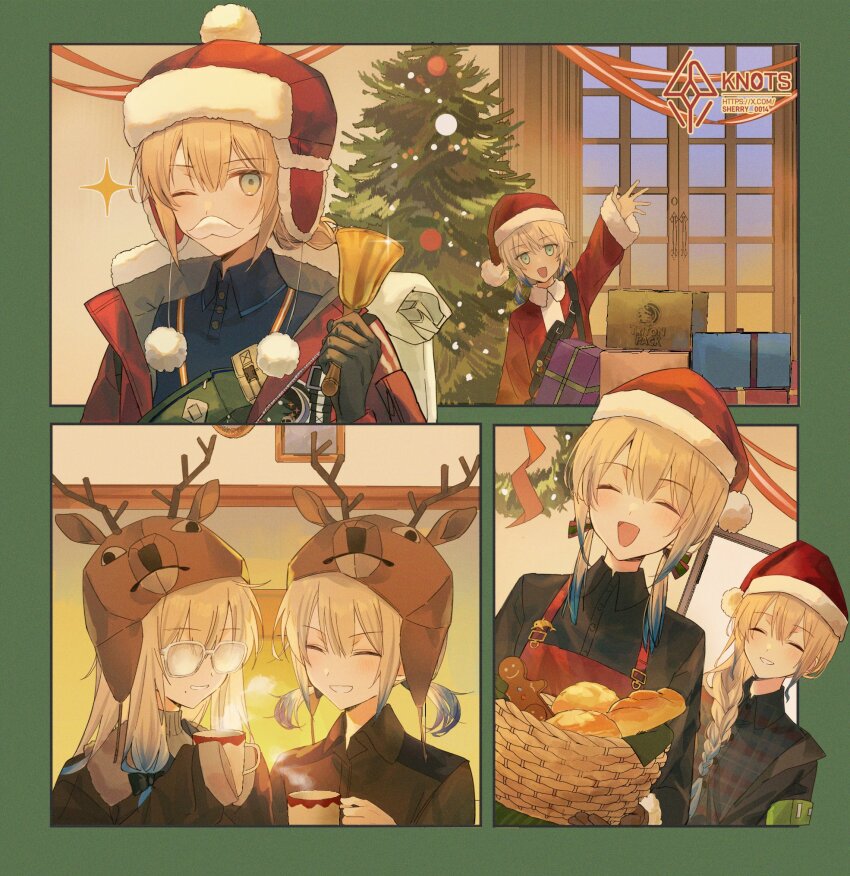 animal_costume, antlers, baker_nemo_(fate), baker_nemo_(santa)_(fate), basket, bell, black_shirt, blonde_hair
