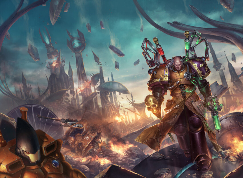 3boys, adeptus_astartes, after_battle, apothecary_(warhammer_40k), armor, balding, cane, chaos_(warhammer), chaos_space_marine, chaos_undivided_(symbol), coat, combat_medic, corpse, cover, cover_page, destruction, eldar, emperor's_children, fabius_bile, grey_hair, holding, holding_cane, leather_armor, leather_suit, lie_setiawan, mad_scientist, male_focus, military, military_vehicle, multiple_boys, official_art, power_armor, ruins, science_fiction, scientist, skull_ornament, warhammer_40k