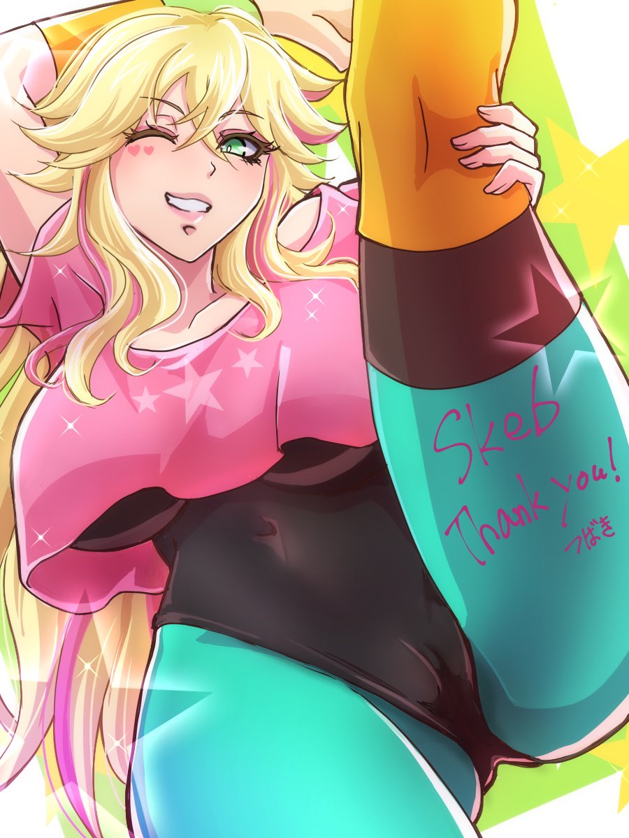 1girl, ;d, alternate_costume, aqua_pantyhose, artist_name, black_leotard, blonde_hair, breasts