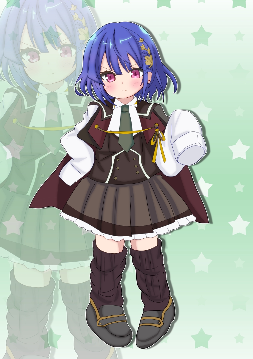 1girl, absurdres, aged_down, assault_lily, black_cape, black_vest, blue_hair, blush