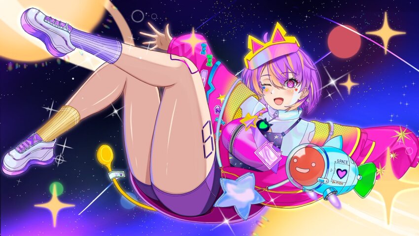 1girl, ;d, ahoge, asymmetrical_legwear, aurix_"rixxy"_brightful, bandaid, blonde_hair, bow, cardiogram, commentary, commission, dr._fish_(aurix_"rixxy"_brightful), english_commentary, facial_mark, floating, full_body, hair_between_eyes, heart, heart_facial_mark, hossy, jacket, joints, leg_tattoo, mismatched_legwear, multicolored_footwear, multicolored_hair, multicolored_jacket, nexas_(vtuber), number_tattoo, one_eye_closed, open_mouth, pink_jacket, purple_eyes, purple_footwear, purple_hair, purple_shorts, purple_socks, robot_joints, shorts, sleeves_past_wrists, smile, socks, space, star-shaped_bag, star_(symbol), star_facial_mark, streaked_hair, symbol_in_eye, tattoo, thighs, tongue, two-tone_hair, vgen_commission, virtual_youtuber, visor_cap, white_footwear, yellow_socks