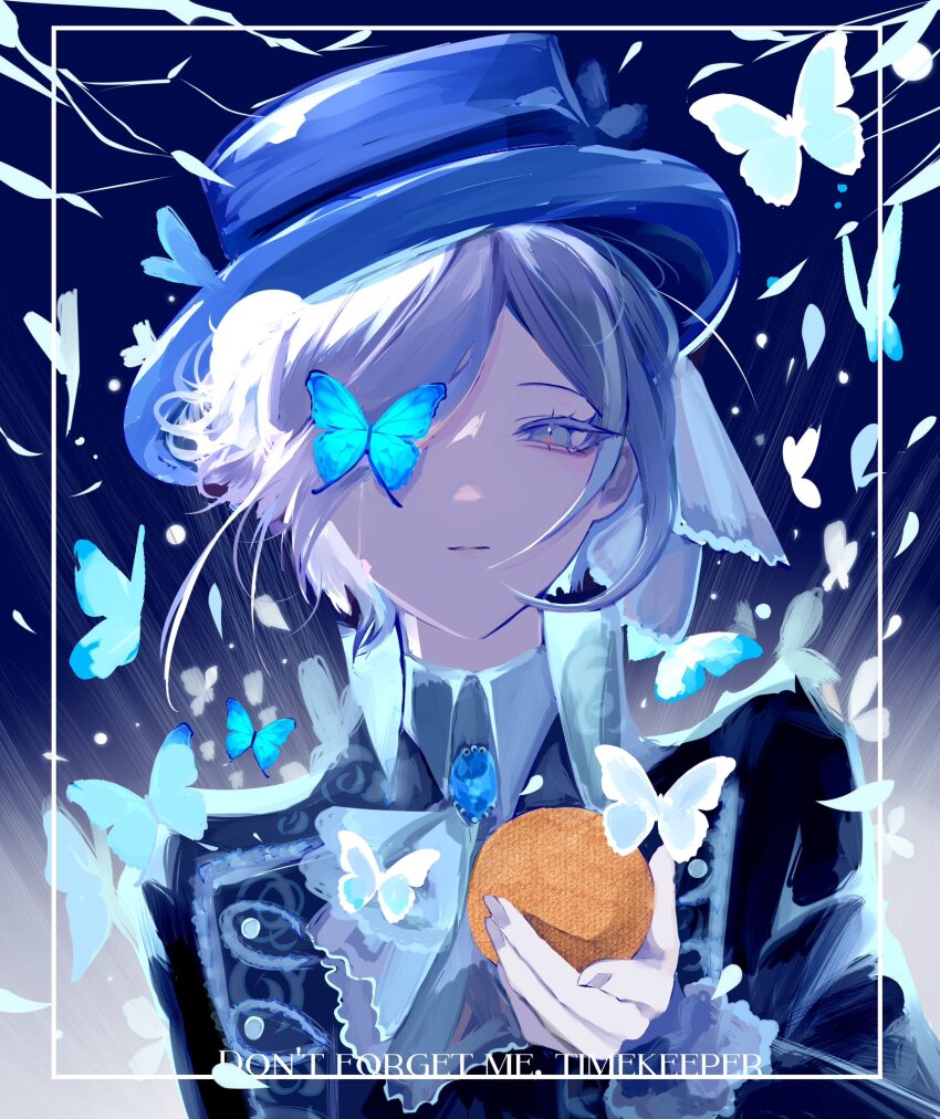 1girl, ascot, black_coat, blue_background, blue_butterfly, blue_hat, boater_hat, bug