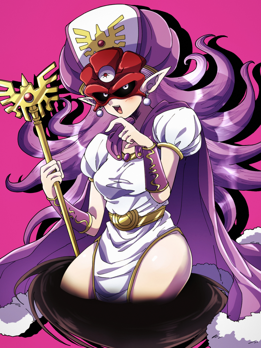 1girl, black_sclera, bracer, breasts, cape, colored_sclera, colored_skin, commentary_request