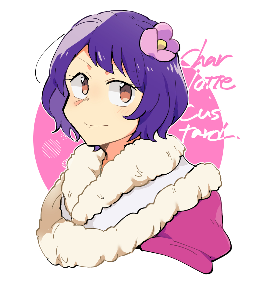 1girl, absurdres, brown_eyes, character_name, charlotte_custard, circle, closed_mouth, commentary