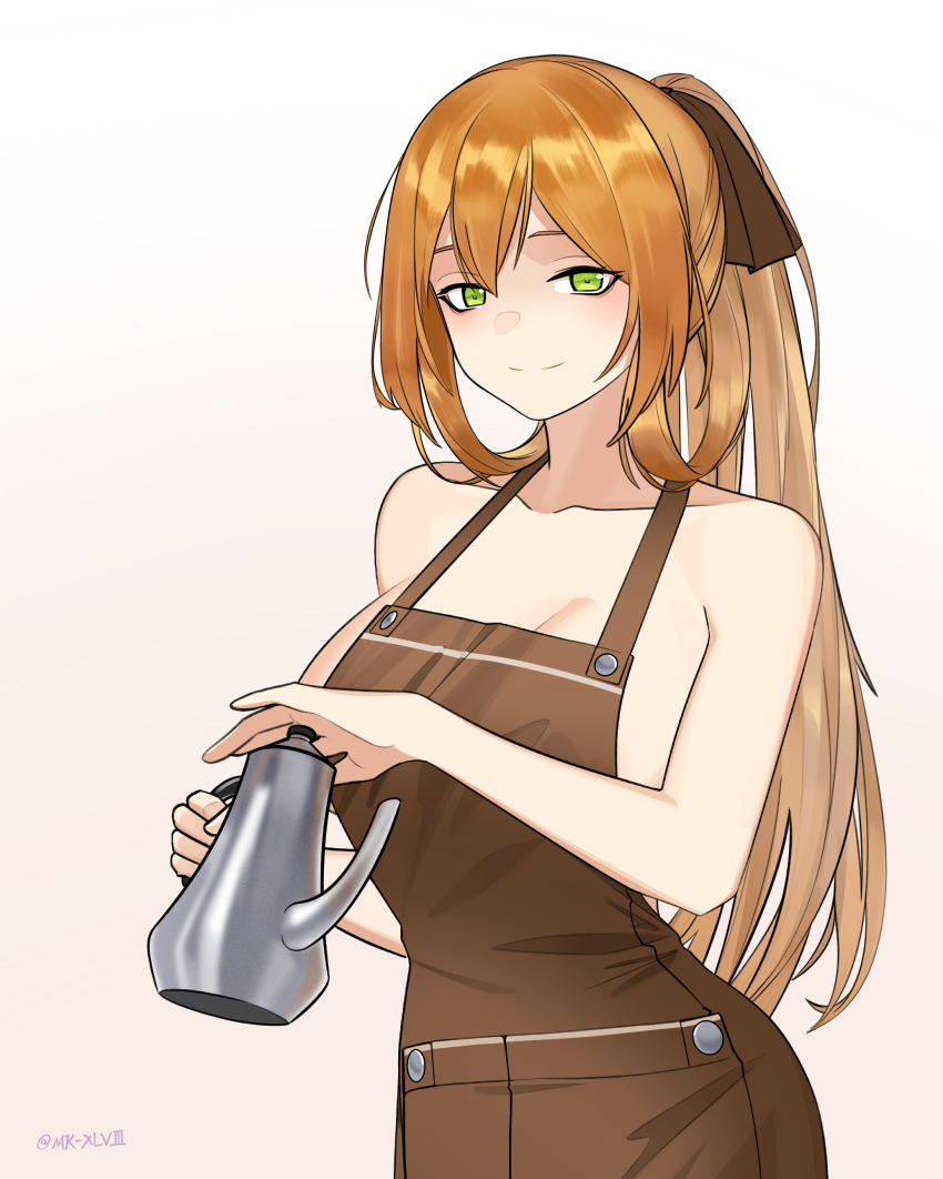 1girl, absurdres, apron, artist_name, breasts, brown_apron, brown_ribbon, chinese_commentary