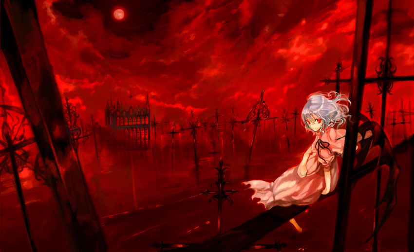 1girl, bad_id, bad_pixiv_id, blue_hair, cloud, cross, dress, female_focus, full_moon, hat, holding, holding_unworn_clothes, holding_unworn_hat, kol49, looking_back, moon, night, red_eyes, red_moon, remilia_scarlet, short_hair, sitting, sky, solo, ton_(pixiv37657), touhou, unworn_hat, unworn_headwear, wings