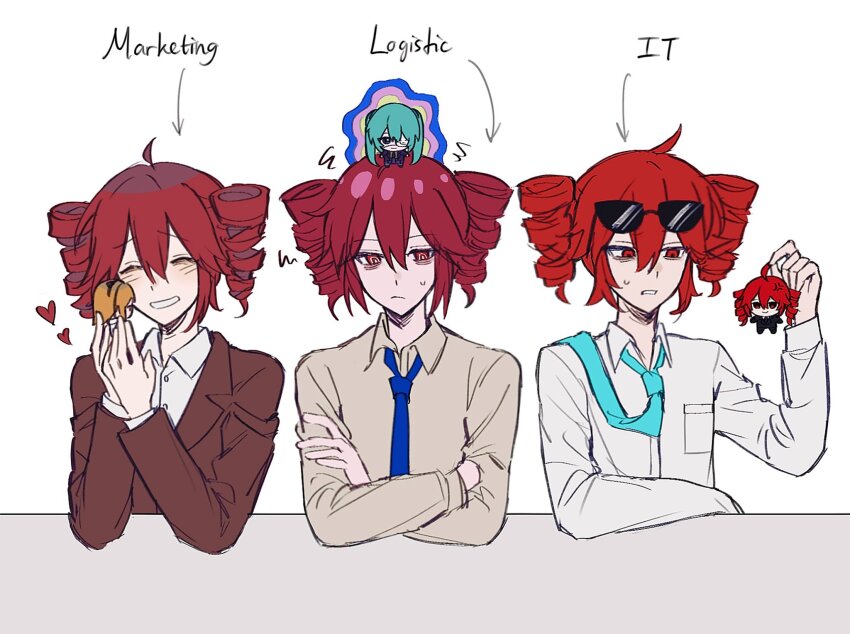 6+girls, a.i._voice, adachi_rei, ahoge, ahoge_grab, ataman_ita_(synthesizer_v), black_jacket, black_necktie