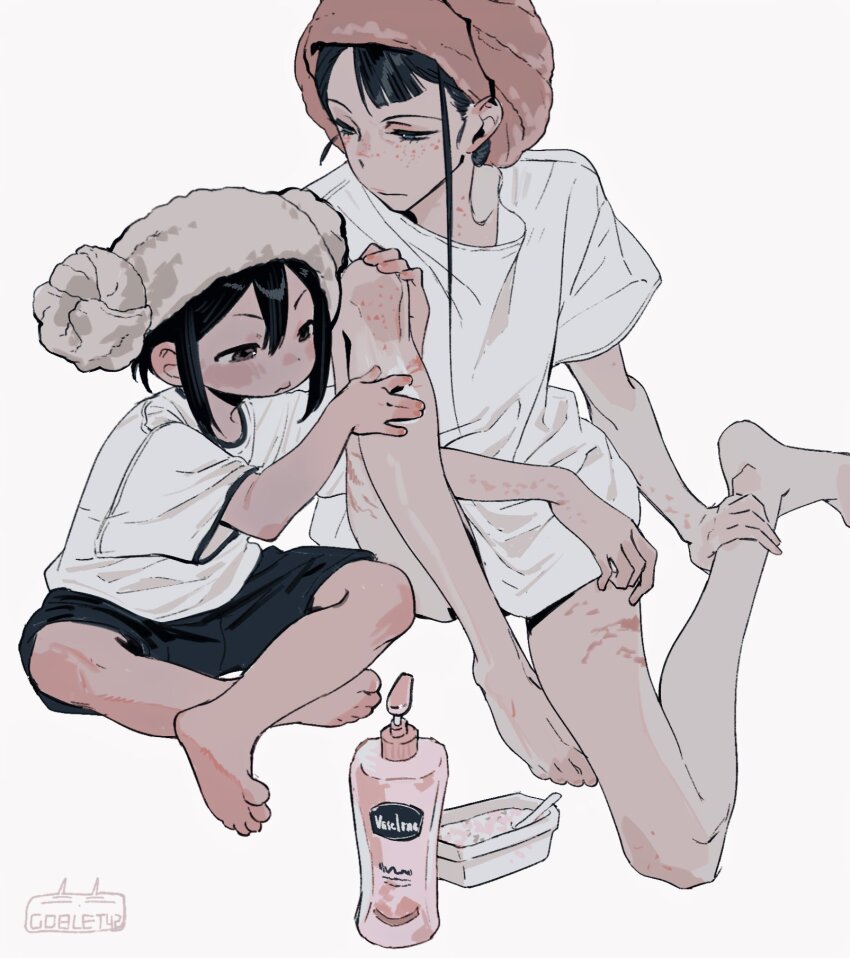 2girls, artist_name, asakusa_midori, asymmetrical_bangs, barefoot, black_hair, commentary, eizouken_ni_wa_te_wo_dasu_na!