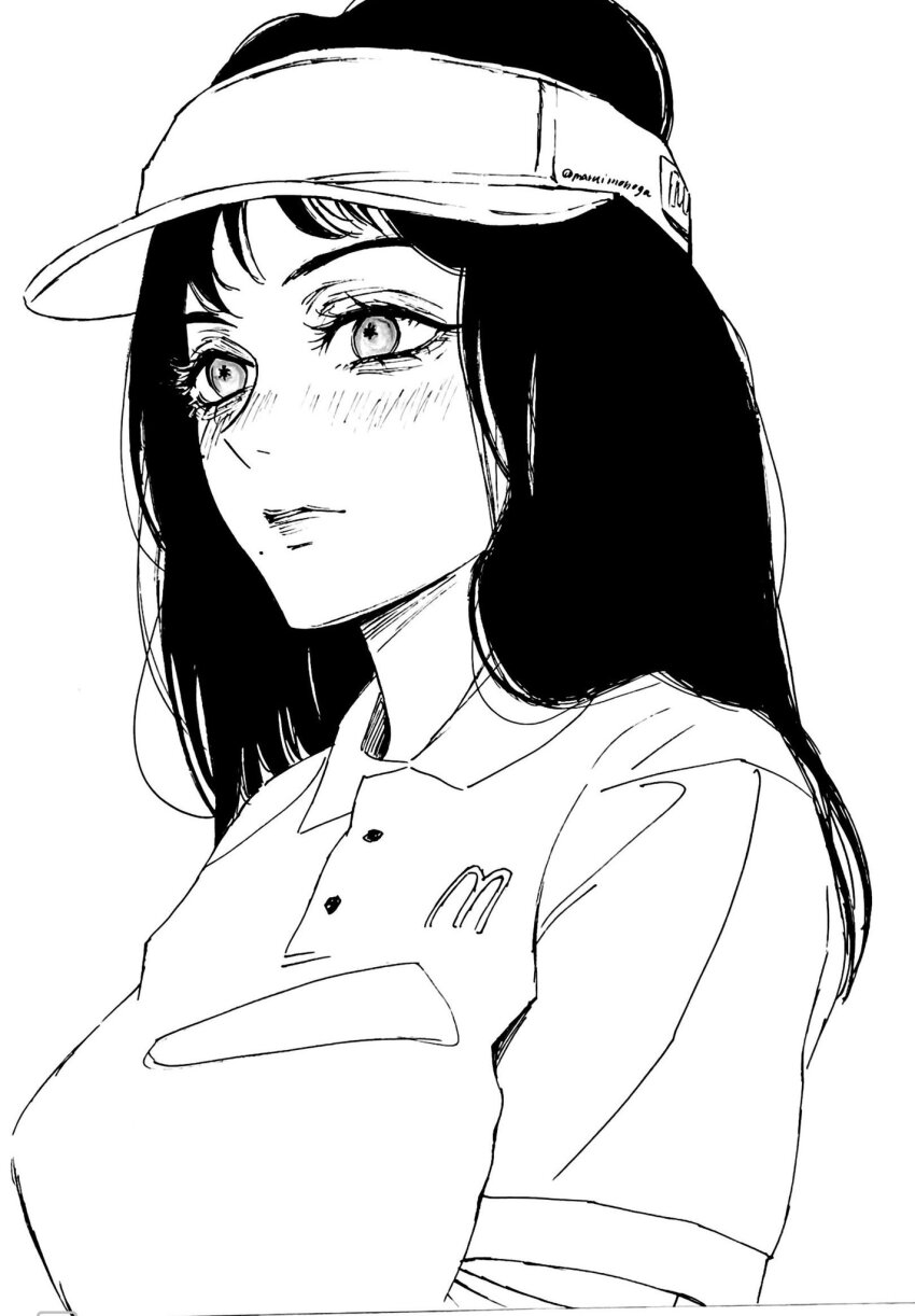 1girl, chainsaw_man, closed_mouth, employee_uniform, fast_food_uniform, greyscale, highres, long_hair