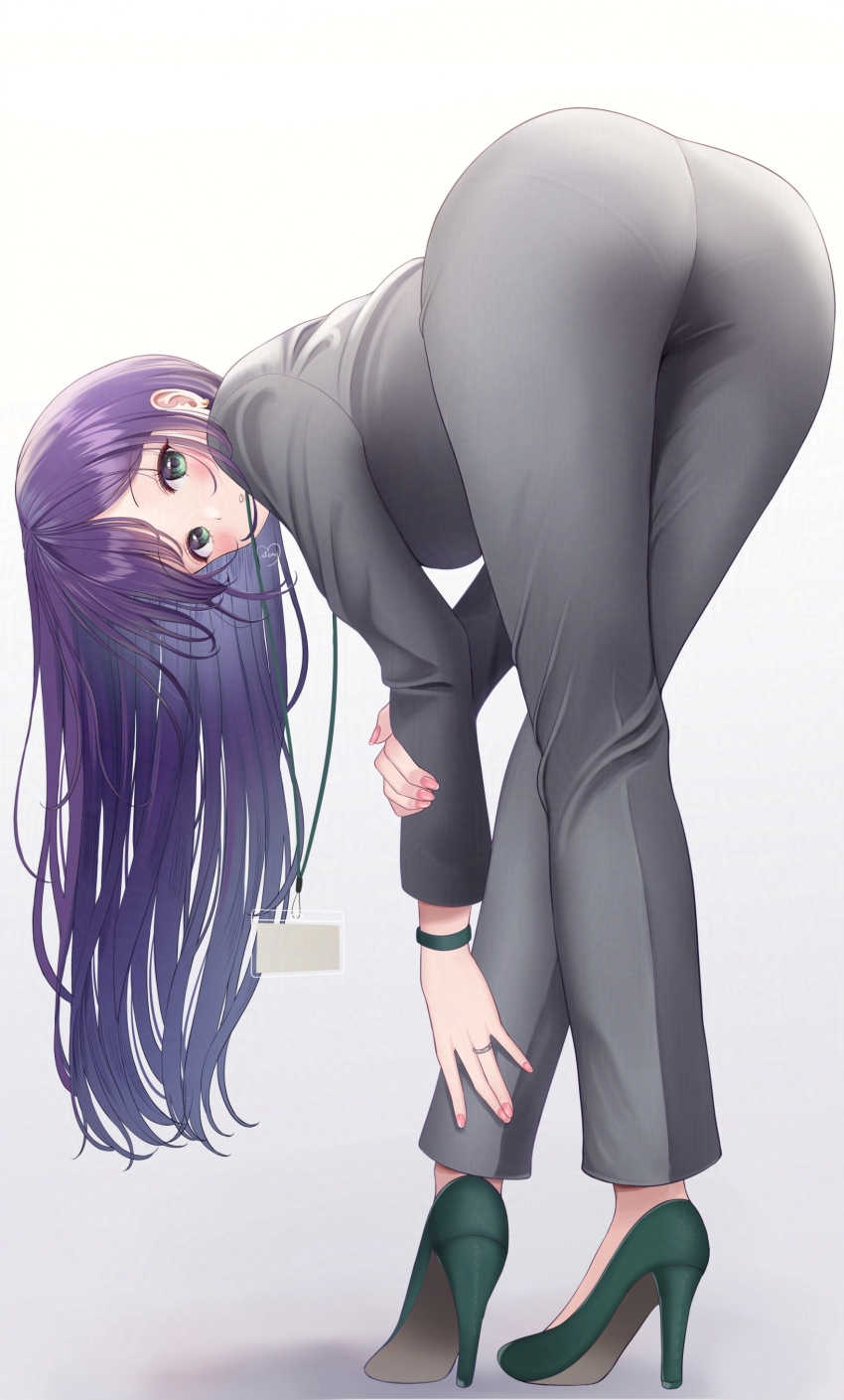 1girl, absurdres, ass, bent_over, black_jacket, black_pants, blush, breasts, business_suit, fingernails, formal_clothes, from_behind, full_body, green_eyes, green_footwear, high_heels, highres, jacket, jewelry, leaning_forward, long_hair, long_sleeves, looking_at_viewer, looking_back, materu_(2532), nail_polish, office_lady, original, pants, pantylines, parted_lips, pink_nails, purple_hair, ring, sidelocks, simple_background, solo, suit, swept_bangs, white_background, wristband