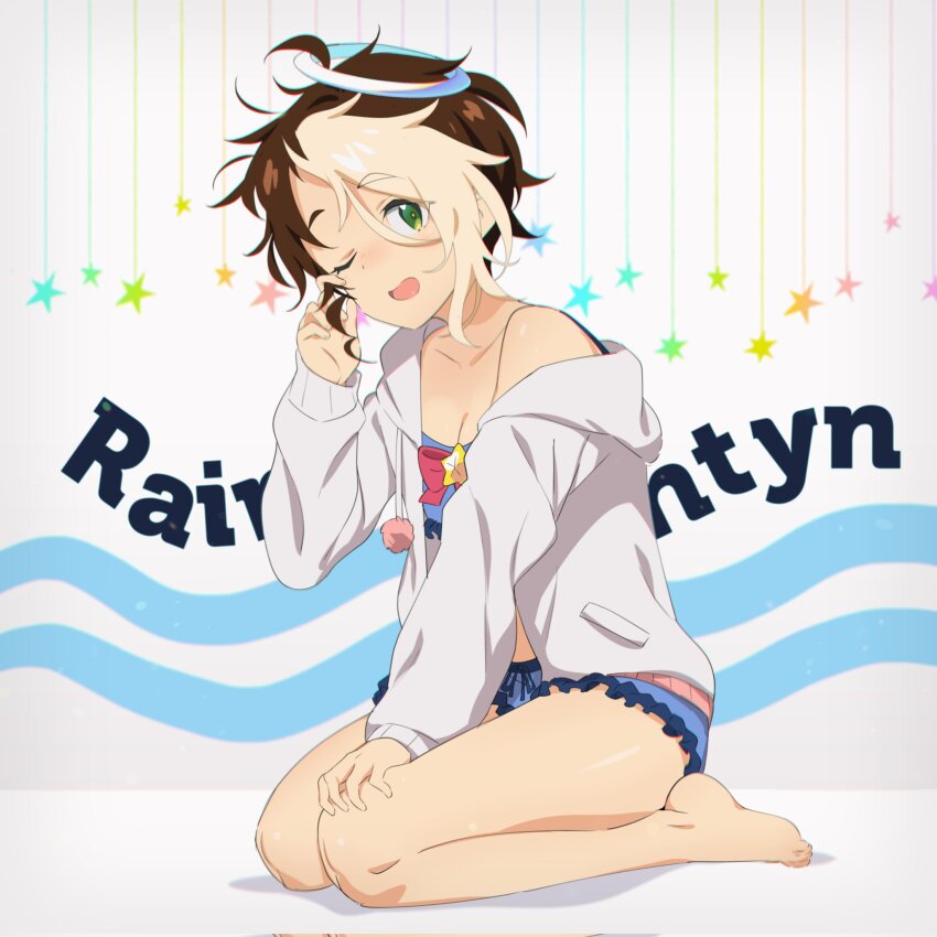 1girl, :d, ;d, ahoge, blonde_hair, blue_bra, blue_panties, bra