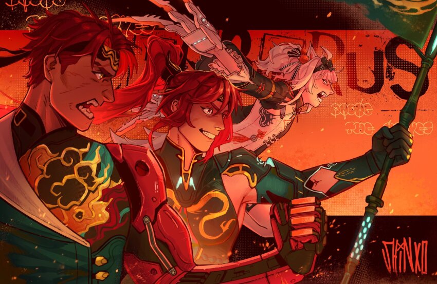 1boy, 2girls, ahoge, animal_ears, arm_cutout, armored_gloves, armpit_cutout, banner, black_headband, black_shirt, chinese_clothes, claws, clothing_cutout, fangs, grin, hair_between_eyes, headband, high_ponytail, highres, holding, holding_banner, holding_polearm, holding_weapon, maomango_doodle, masculine_woman, mechanical_arms, mechanical_ears, multiple_girls, no._21:_feral_(pgr), no._21_(pgr), noctis_(pgr), official_alternate_costume, official_alternate_hair_length, official_alternate_hairstyle, open_mouth, orange_pom_poms, polearm, ponytail, punishing:_gray_raven, red_eyes, red_hair, scar, scar_on_face, shirt, sidelocks, signature, single_mechanical_arm, smile, tail, twintails, vera:_garnet_(grandiose_glamor)_(pgr), vera:_garnet_(pgr), vera_(pgr), weapon, wolf_ears, wolf_tail