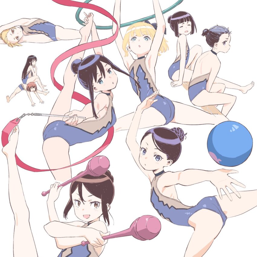 6+girls, annaka_moe, ass, athletic_leotard, ball, barefoot, black_hair, blonde_hair, breasts, closed_eyes, fujisawa_kana, fukaziroh_(sao), gymnastics, hair_bun, highres, kanzaki_elsa, kusunoki_risa, leotard, llenn_(sao), long_hair, milana_sidorova, multiple_girls, nitobe_saki, noguchi_shiori, official_art, rhythmic_gymnastics, ribbon, ribbon_baton, short_hair, sidelocks, sitting, small_breasts, smile, split, standing, standing_on_one_leg, standing_split, stretching, sword_art_online, sword_art_online_alternative:_gun_gale_online, yoshinari_kou