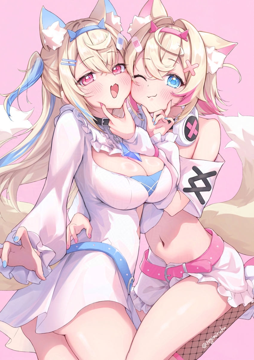 2girls, animal_collar, animal_ear_fluff, animal_ears, ass_peek, bandaid, bandaid_hair_ornament, bare_shoulders, belt, belt_collar, bib_collar, black_collar, black_jacket, blonde_hair, blue_belt, blue_eyes, blue_hair, blue_headband, blue_nails, blush, breasts, cheek_pinching, cleavage, closed_mouth, clothing_cutout, collar, commentary_request, cowboy_shot, cropped_shirt, cross-laced_clothes, cross-laced_sleeves, crossed_bangs, cutout_above_navel, dog_ears, dog_girl, dog_tail, dot_nose, dress, fake_horns, fangs, fishnet_kneehighs, frilled_shorts, frilled_sleeves, frills, fuwawa_abyssgard, fuwawa_abyssgard_(1st_costume), hair_intakes, hair_ornament, hairband, hairclip, hairpin, hand_on_another's_cheek, hand_on_another's_face, headband, headphones, headphones_around_neck, highres, hololive, hololive_english, horn_hairband, jacket, large_breasts, leg_up, long_hair, looking_at_viewer, mococo_abyssgard, mococo_abyssgard_(1st_costume), multicolored_hair, multiple_girls, navel, off_shoulder, one_eye_closed, open_mouth, parallel_hairclips, pinching, pink_background, pink_belt, pink_eyes, pink_hair, pink_headband, pink_nails, regimiruku, shirt, shoes, short_hair, short_shorts, short_sleeves, shorts, siblings, sidelocks, sisters, skin_fangs, small_breasts, smile, sneakers, spiked_headband, streaked_hair, tail, thighs, twins, twitter_username, two_side_up, virtual_youtuber, white_dress, white_shirt, white_shoes, white_shorts, x_hair_ornament