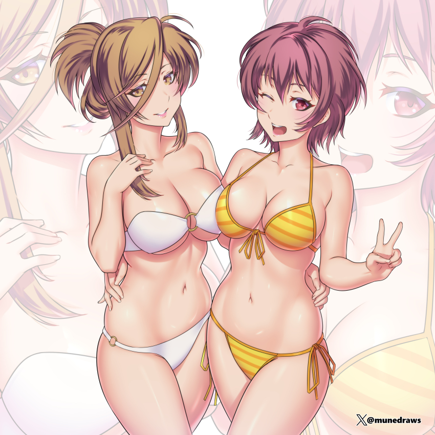 2girls, ;d, absurdres, akizuki_sara, arm_around_another's_waist, bikini, breasts, brown_hair