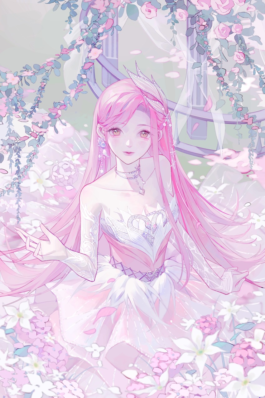 1girl, absurdres, artist_request, bare_shoulders, brown_eyes, cowboy_shot, detached_sleeves, dress