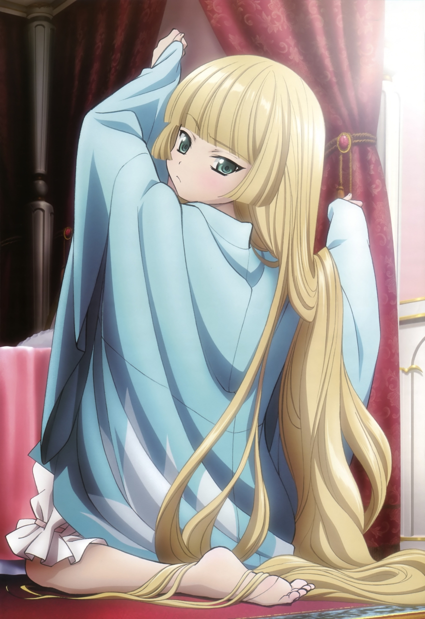 1girl, absurdres, arms_up, barefoot, bed, blonde_hair, bloomers, blunt_bangs, curtains, feet, female_focus, gosick, green_eyes, hair_spread_out, highres, japanese_clothes, kimono, kneeling, long_hair, looking_back, non-web_source, nyantype, official_art, saitou_eiko, solo, tsurime, underwear, very_long_hair, victorica_de_blois