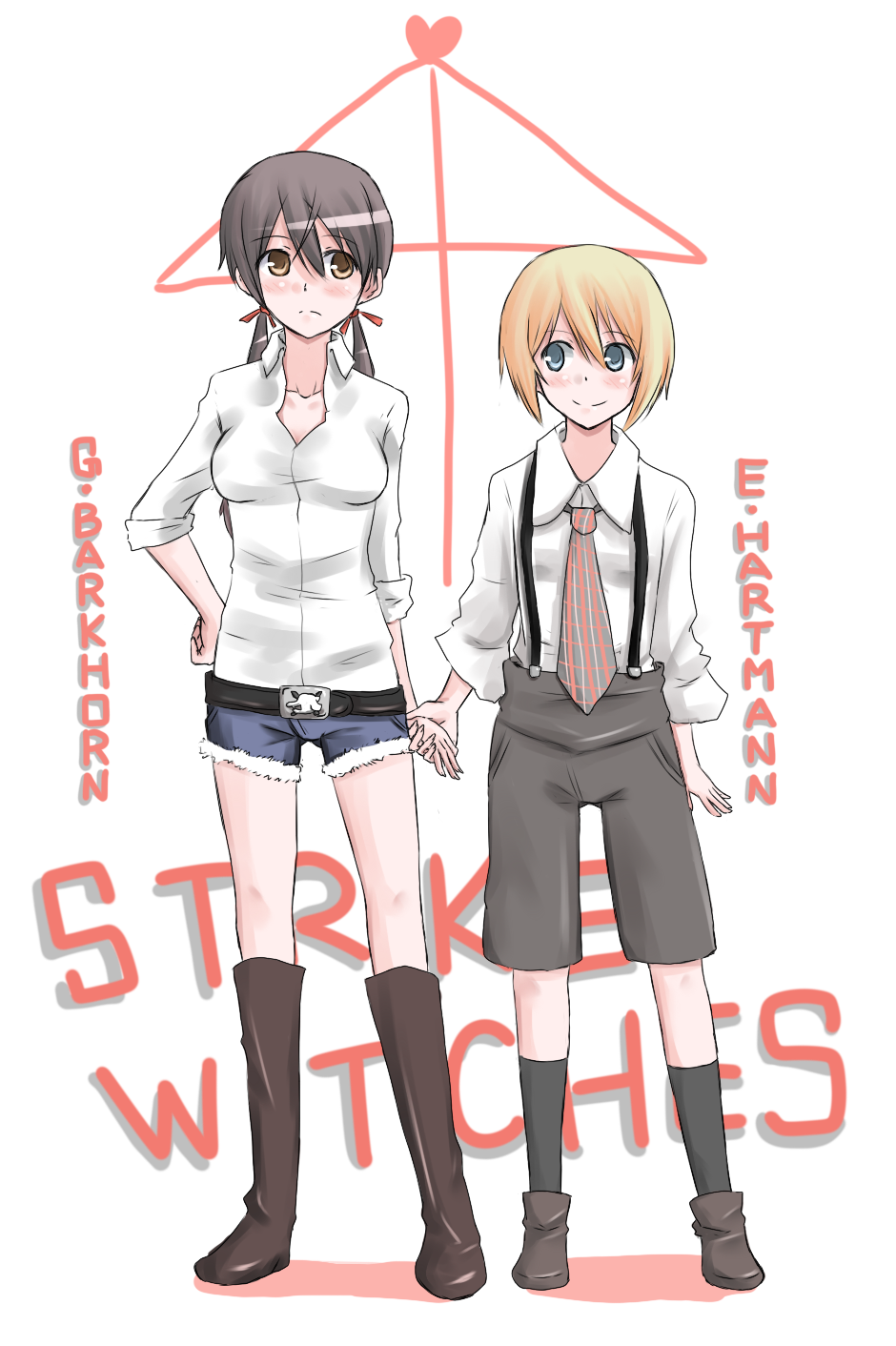 2girls, ai_ai_gasa, blonde_hair, blue_eyes, boots, brown_eyes, brown_hair, erica_hartmann