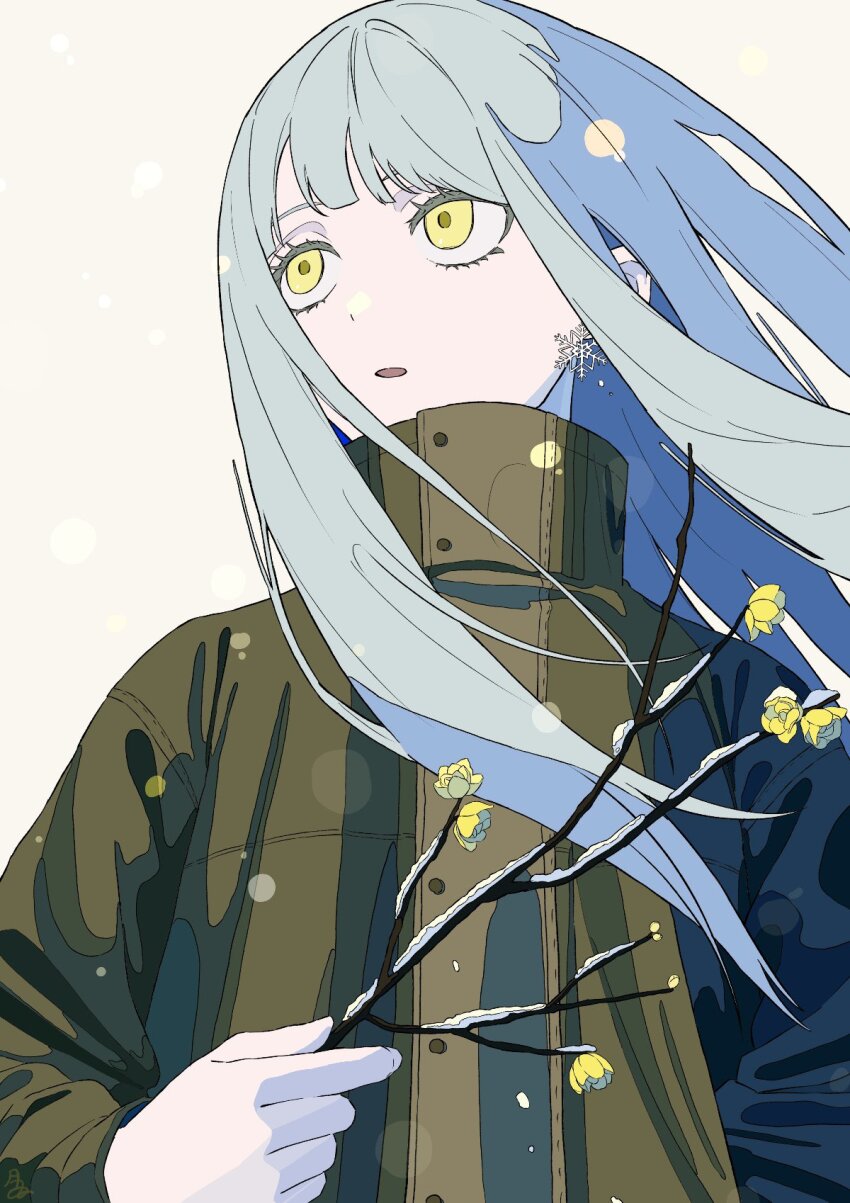 1girl, analogous_colors, arms_at_sides, blue_hair, blunt_bangs, blurry, bokeh, branch