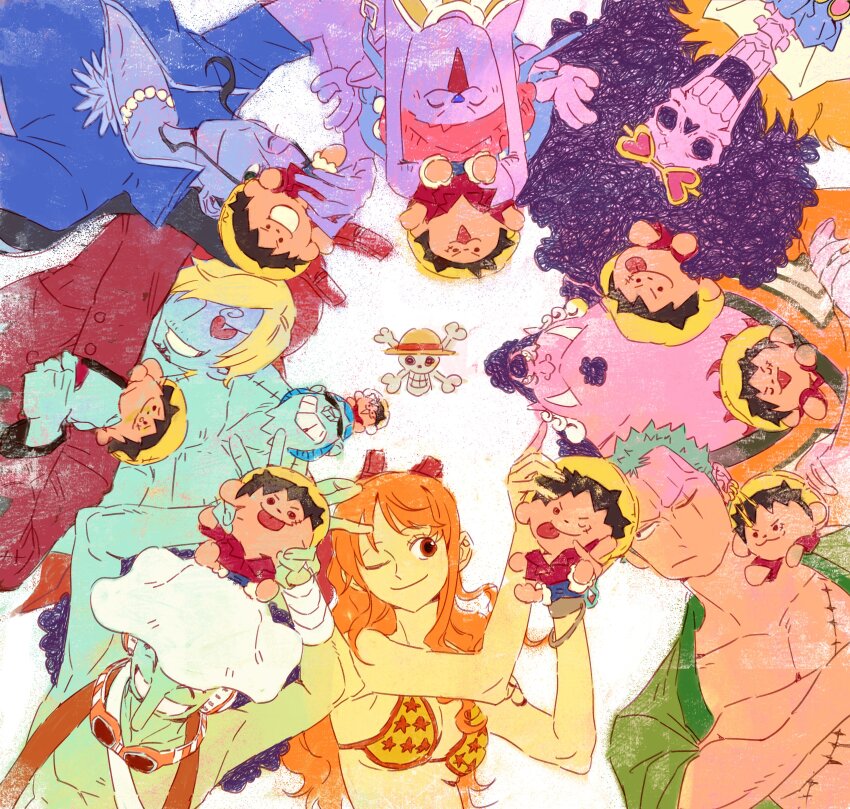 2girls, 6+boys, absurdres, afro, bikini, bikini_top_only, black_hair, bracelet