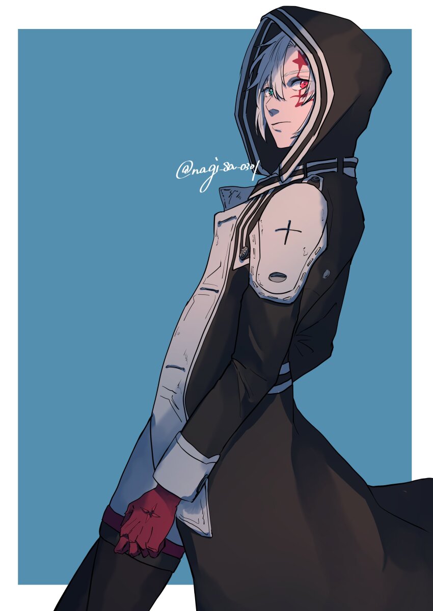 1boy, absurdres, allen_walker, black_footwear, black_jacket, black_order_uniform, blue_background, blue_eyes, colored_extremities, cross, d.gray-man, facial_mark, heterochromia, highres, hood, hood_up, hooded_jacket, jacket, looking_at_viewer, na_gi_sa_0301, red_eyes, red_hands, signature, solo, white_hair