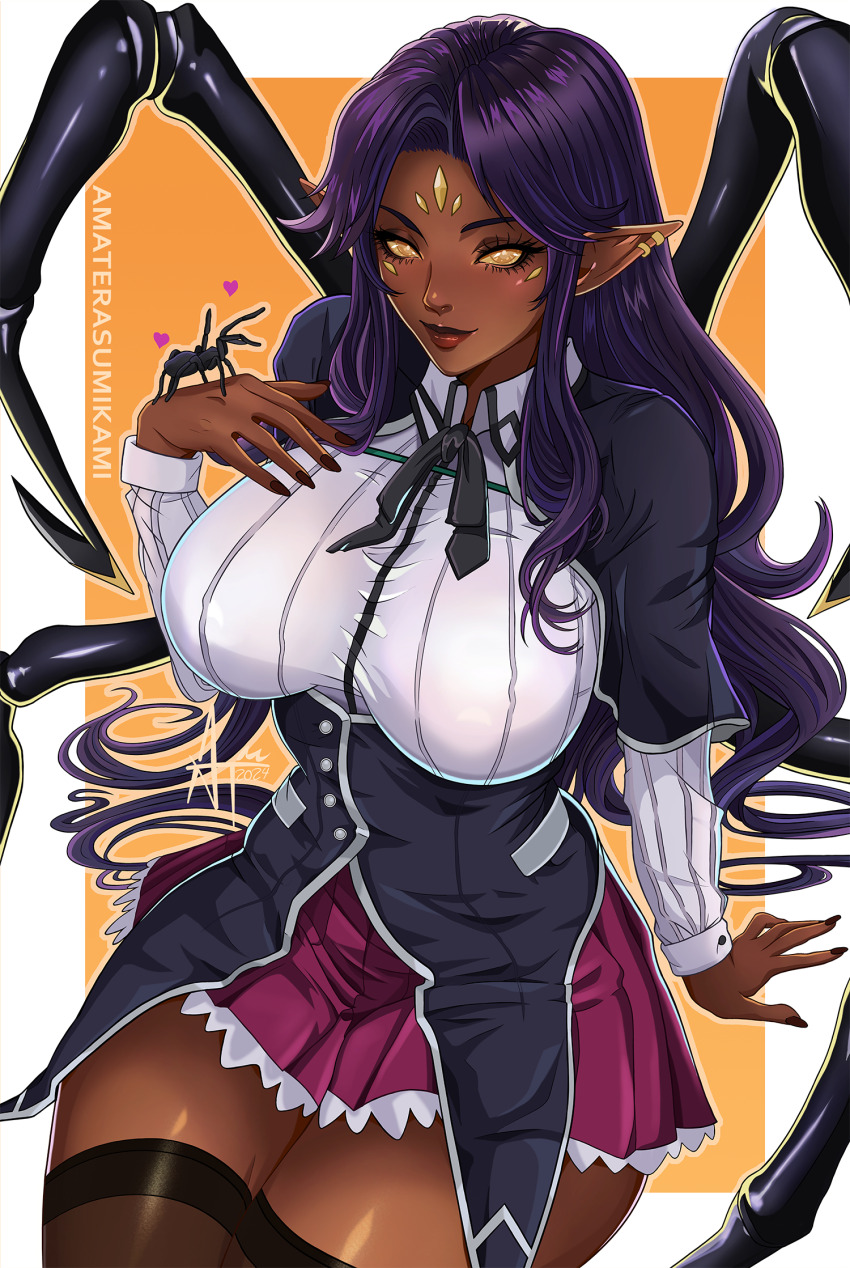 1girl, amaterasu_(amaterasumikami), arthropod_girl, artist_name, black_thighhighs, breasts, bug, capelet