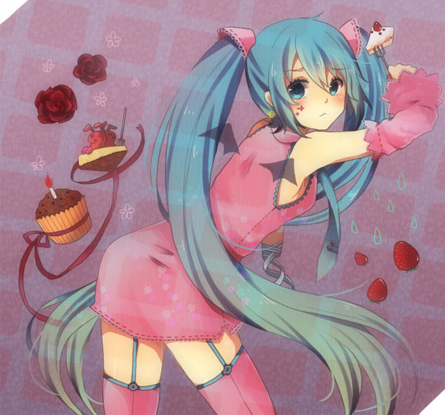 1girl, amputee, aqua_eyes, aqua_hair, bad_id, bad_pixiv_id, bat_wings, cake