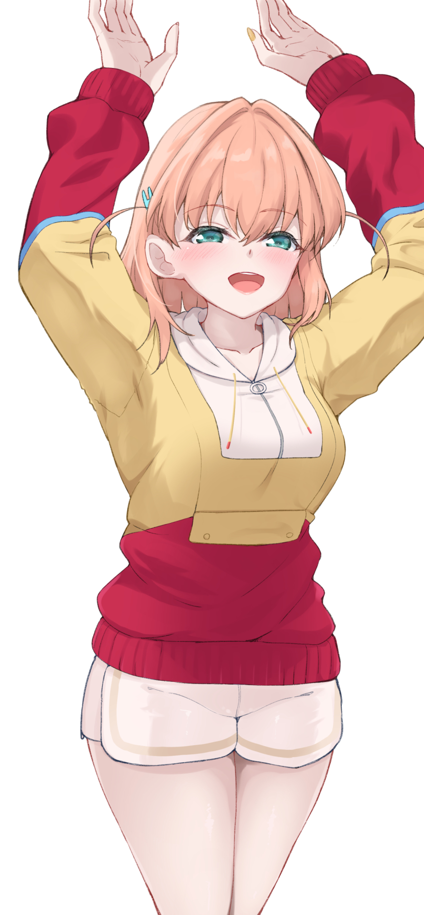 1girl, :d, absurdres, aqua_eyes, arms_up, blush, breasts, collarbone, commentary_request, cowboy_shot, crossed_bangs, hair_intakes, hair_ornament, half-closed_eyes, highres, hinoshita_kaho, hinoshita_kaho_(winter_training_wear), hood, hoodie, large_breasts, link!_like!_love_live!, long_sleeves, love_live!, medium_hair, multicolored_hoodie, official_alternate_costume, open_mouth, orange_hair, parisnoko, rabbit_hair_ornament, rabbit_pose, red_hoodie, short_shorts, shorts, simple_background, smile, solo, two_side_up, virtual_youtuber, white_background, white_shorts, yellow_hoodie