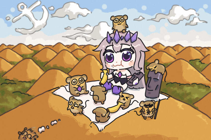 1girl, anchor, animal, banana, bing_huyue, blush_stickers, chest_jewel, chibi