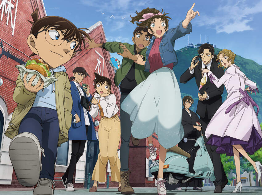 3girls, 5boys, black_hair, black_jacket, black_pants, black_shirt, blue_jacket, blue_pants, brown_footwear, brown_hair, brown_jacket, burger, closed_mouth, dress, edogawa_conan, food, from_below, fukushiro_hijiri, green_jacket, hakodate_(city), hand_on_own_cheek, hand_on_own_face, hattori_heiji, highres, holding, holding_another's_wrist, holding_burger, holding_food, iori_muga, jacket, leg_up, loafers, long_hair, long_sleeves, meitantei_conan, mountain, mouri_ran, multiple_boys, multiple_girls, official_art, okita_soushi_(meitantei_conan), oooka_momiji, open_mouth, orange_shirt, outdoors, pants, pointing, pointing_forward, purple_dress, red_shirt, shirt, shoes, short_hair, skirt, smile, sneakers, tooyama_kazuha, white_footwear, white_jacket, white_shirt, white_skirt