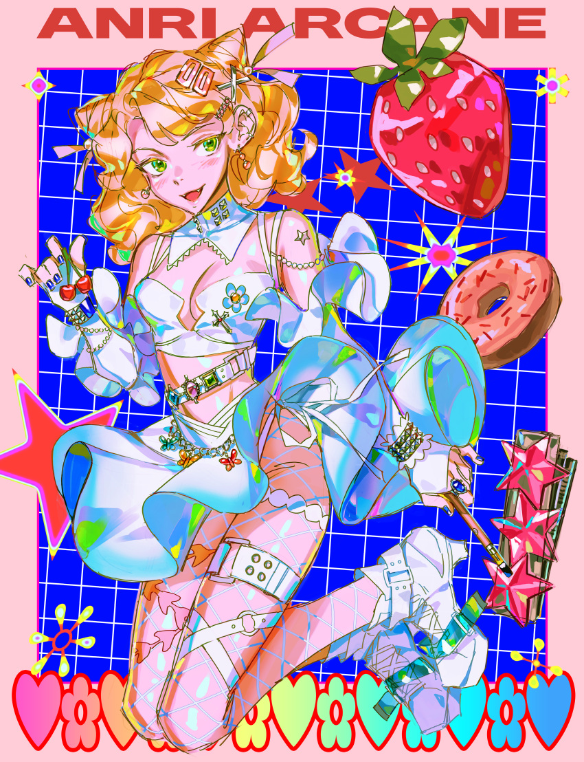 1girl, 777precursor, :d, absurdres, anri_(synthesizer_v), belt, blonde_hair, blue_nails