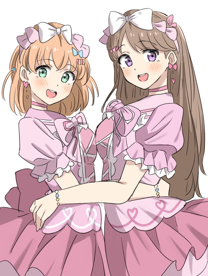 2girls, :d, aqua_eyes, bien_(djpwjd1), blush, bow, bow_earrings, bow_hairband