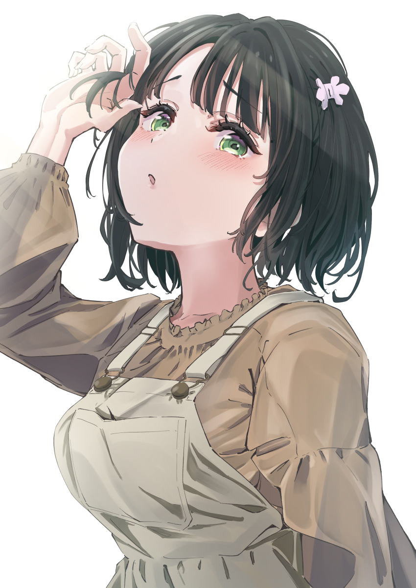 1girl, :o, absurdres, black_hair, blunt_bangs, blunt_ends, blush, breasts