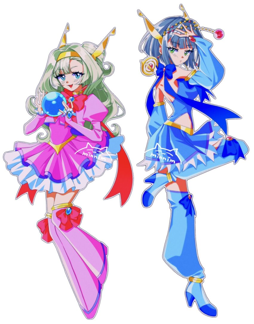 1990s_(style), 2girls, :d, alternate_costume, asymmetrical_bangs, bare_shoulders, blue_bow, blue_bowtie, blue_dress, blue_eyes, blue_footwear, blue_hair, blunt_ends, bob_cut, boots, bow, bowtie, clothing_cutout, crystal_ball, detached_sleeves, dress, earrings, frilled_dress, frills, from_side, full_body, green_eyes, grey_hair, hand_up, hands_up, headgear, highres, jacket, jewelry, juliet_sleeves, leg_up, long_hair, long_sleeves, looking_at_viewer, magical_girl, matilda_bouanich, mercuria_(reverse:1999), minnim, multiple_girls, one_side_up, open_mouth, pink_boots, pink_dress, pink_jacket, puffy_long_sleeves, puffy_sleeves, red_bow, red_bowtie, retro_artstyle, reverse:1999, short_dress, side_cutout, sleeveless, sleeveless_dress, sleeves_past_wrists, smile, standing, standing_on_one_leg, thigh_boots, white_background
