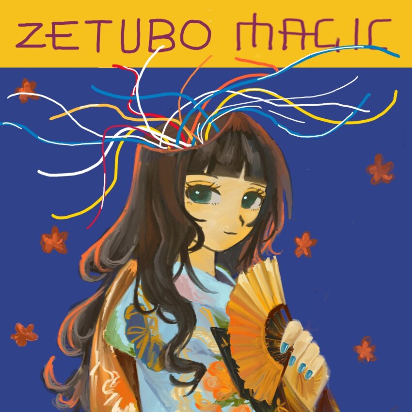 1girl, album_cover, album_cover_redraw, black_hair, blue_background, blue_nails, cable, cover